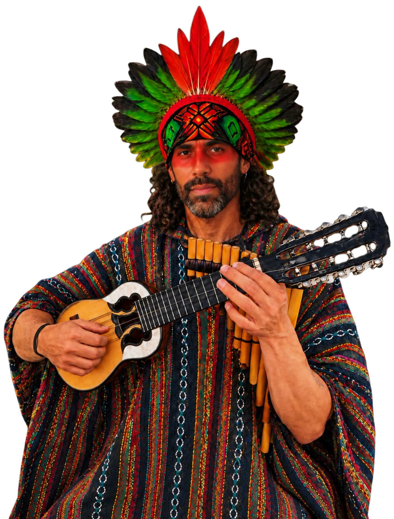 Witchy Chayo playing a charango, with panpipes at the chest.